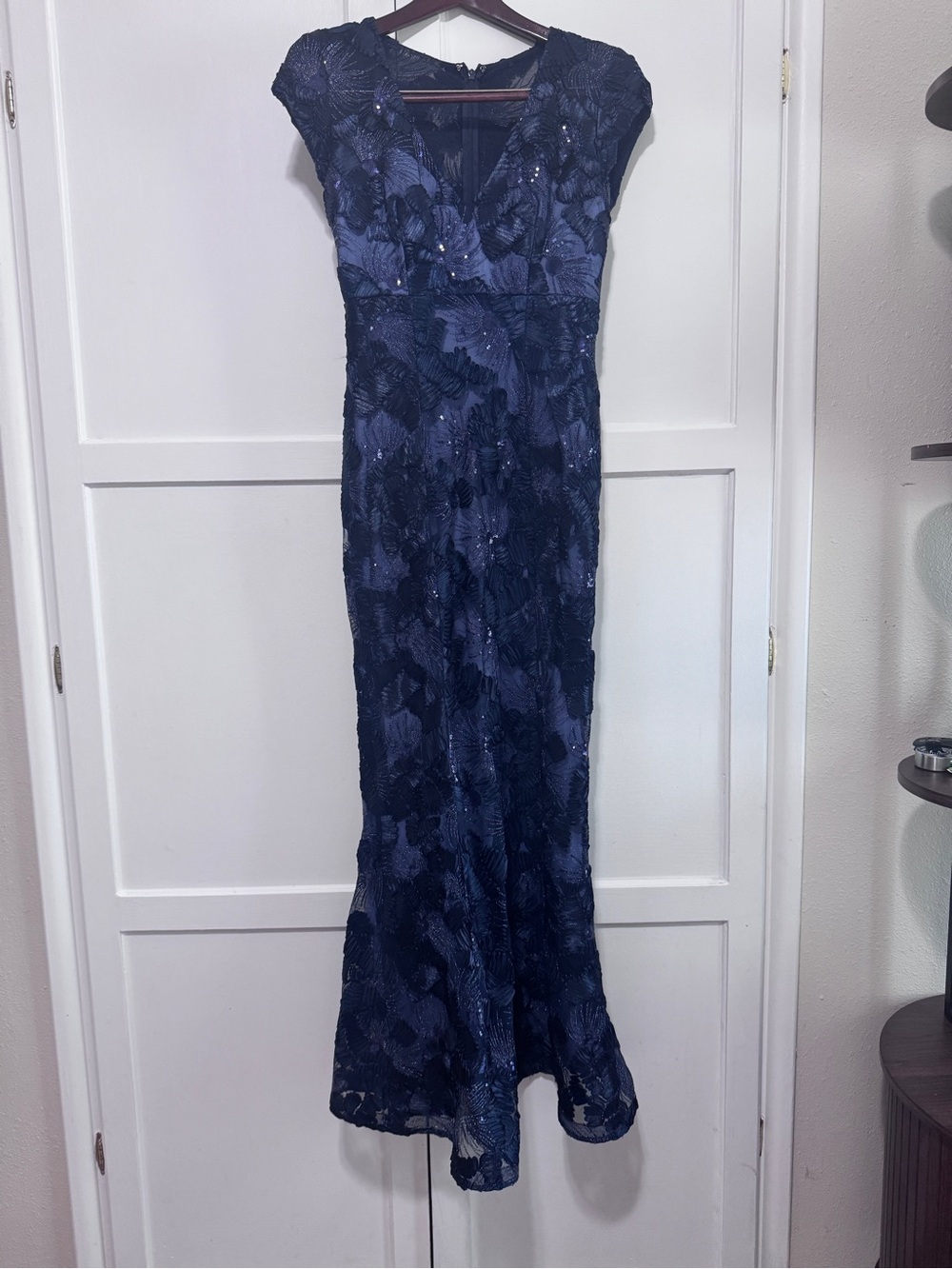 Betsy & Adam Navy Lace Gown - Picture 2 of 8